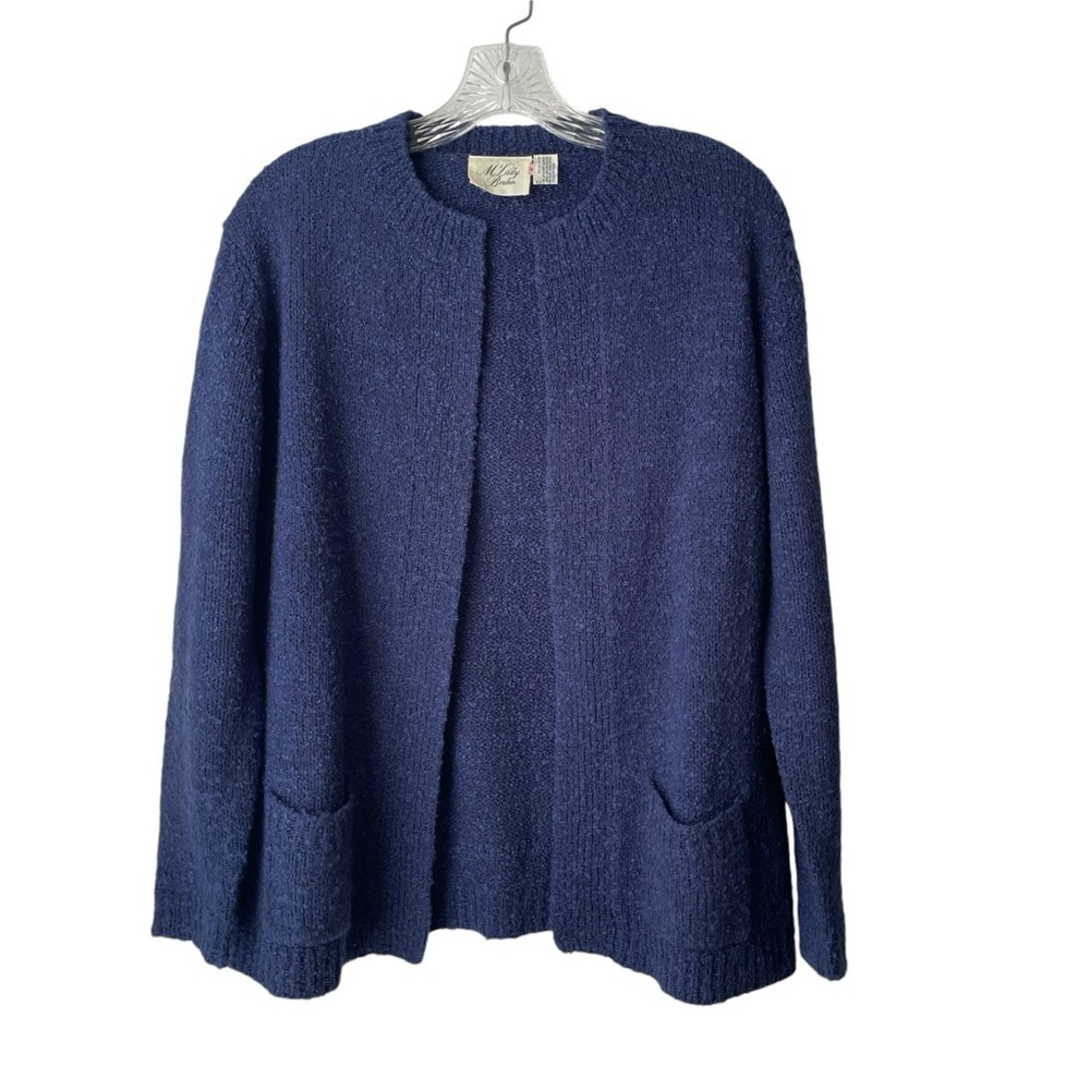 Vintage M’Lady Bruhn Bouclé Open Front Cardigan Sweater Pockets Dark Blue Sz M